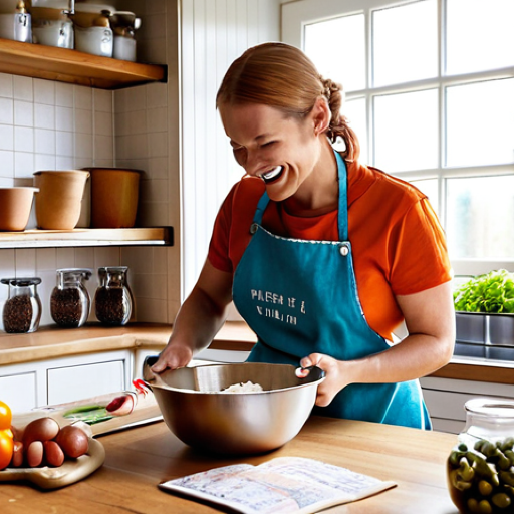 Kitchen Science**

A brightly lit kitchen scene. A person wearing an apron is smiling and carefully measuring ingredients into a mixing bowl. Scattered around are measuring cups, spoons, and a recipe book open to a page with handwritten notes. The overall feel is one of experimentation and joyful discovery. Focus on warm, inviting colors and natural light. Should feel like a typical Swedish home ("hemtrevligt"). This conveys the text's point about following recipes as a scientific process.

**