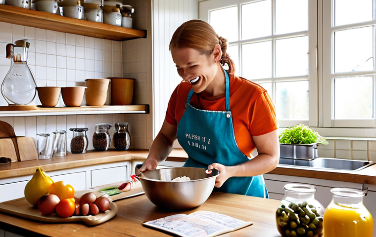 Kitchen Science**
A brightly lit kitchen scene. A person wearing an apron is smiling and carefully measuring ingredients into a mixing bowl. Scattered around are measuring cups, spoons, and a recipe book open to a page with handwritten notes. The overall feel is one of experimentation and joyful discovery. Focus on warm, inviting colors and natural light. Should feel like a typical Swedish home ("hemtrevligt"). This conveys the text's point about following recipes as a scientific process.
**